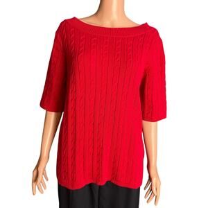 Talbots Red Cable Knit Sweater XL Short Sleeves Preppy Office Mature Warm Comfy